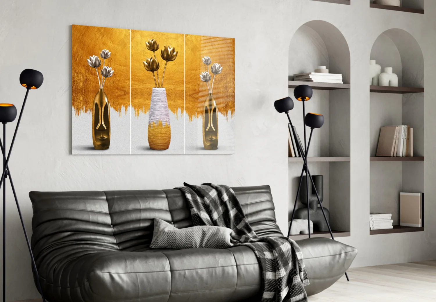 Elegant Gold Tulips in Vases Glass Wall Art - Image 4