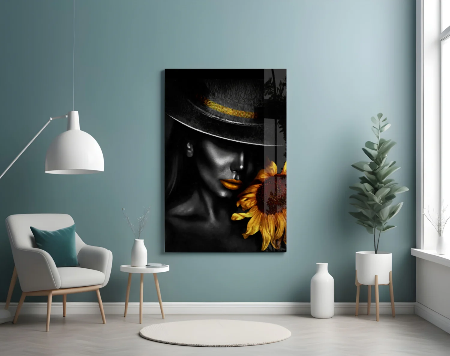 Elegant Lady with Sunflower Glass Wall Art - Image 4