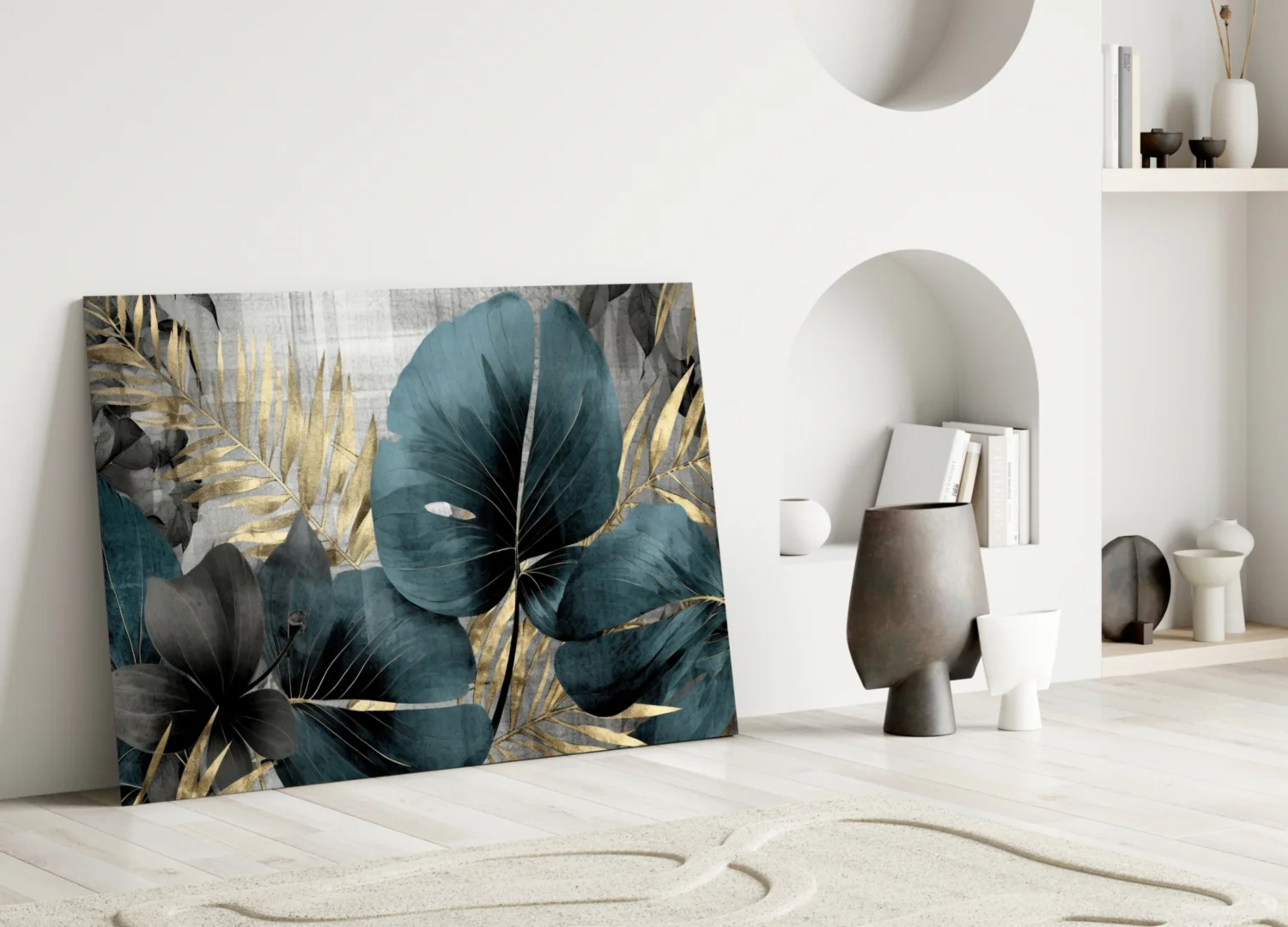 Elegant Teal & Gold Leaf Glass Wall Art - Image 5
