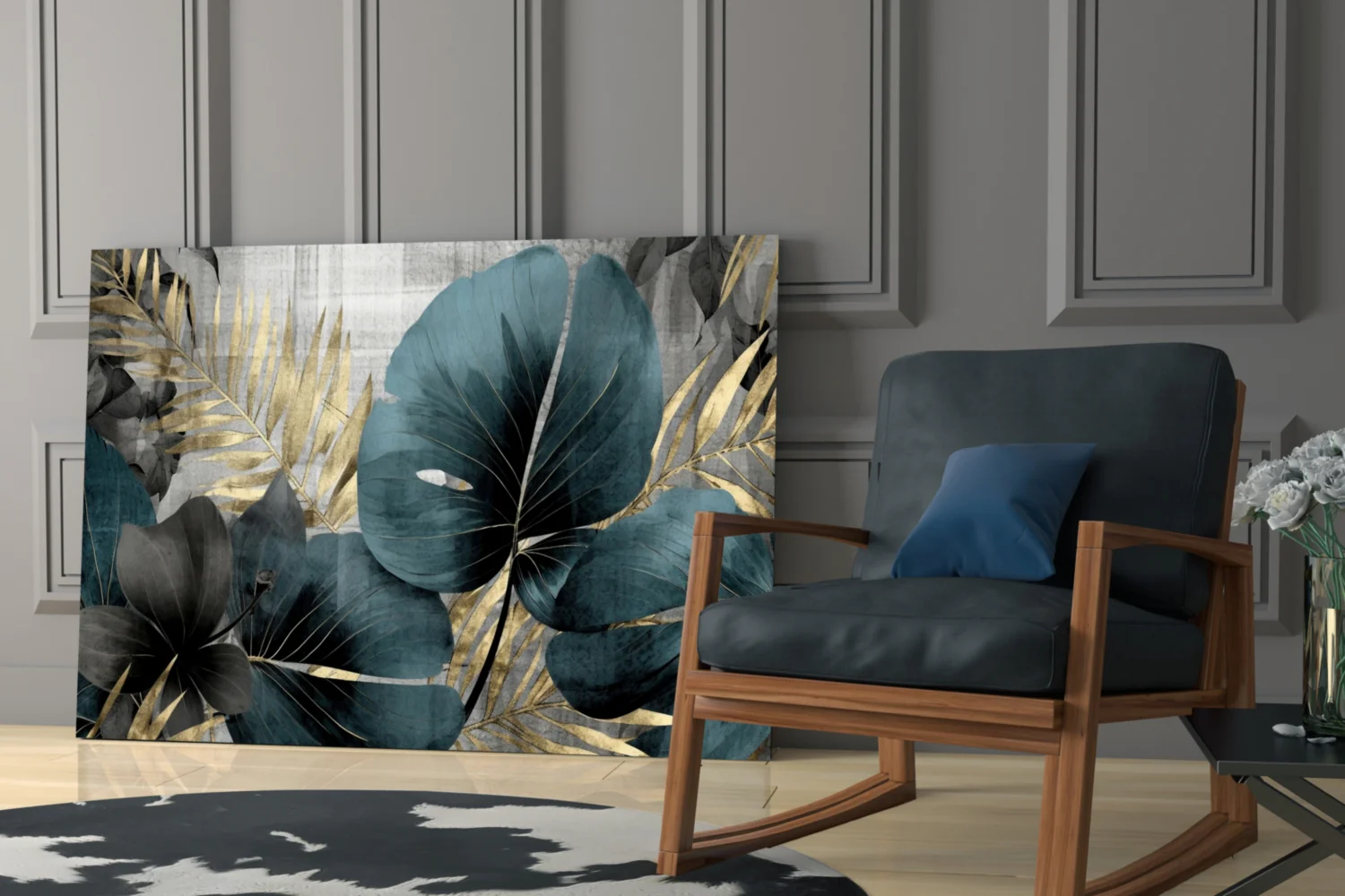 Elegant Teal & Gold Leaf Glass Wall Art - Image 7
