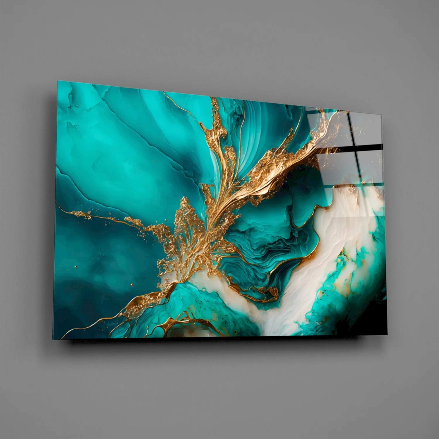 Ethereal Turquoise Gold Splash Glass Wall Art - Image 2