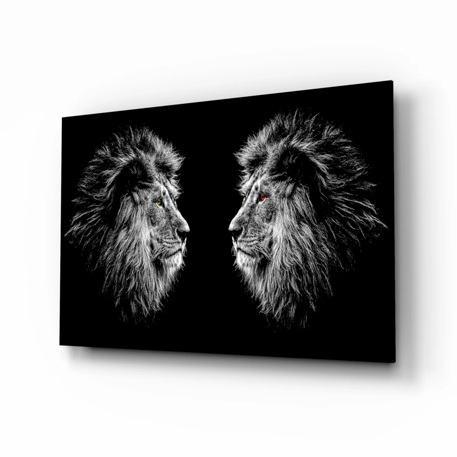 Facing Lions Colored Eyes Glass Wall Art