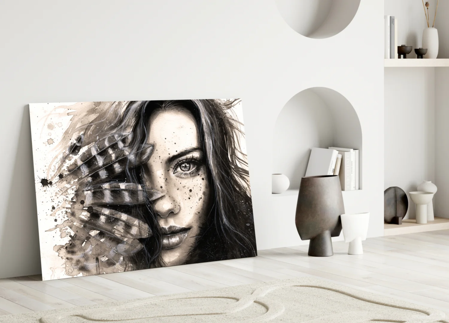 Feather Ink Sketch Woman Glass Wall Art - Image 3