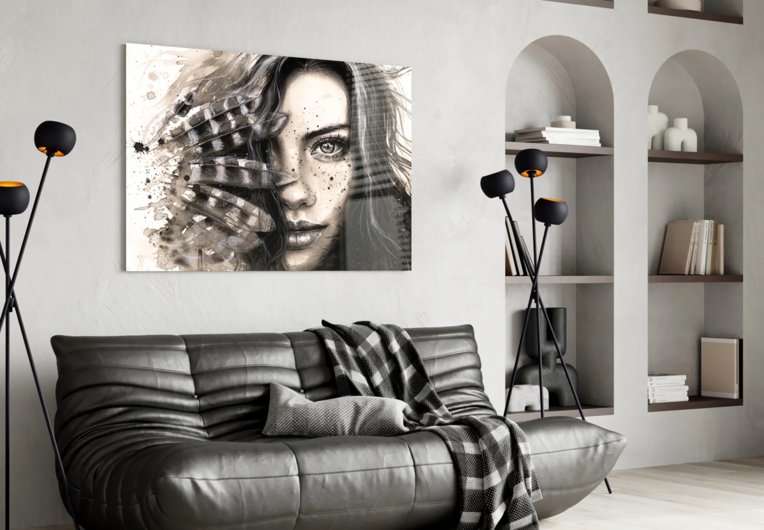 Feather Ink Sketch Woman Glass Wall Art - Image 4