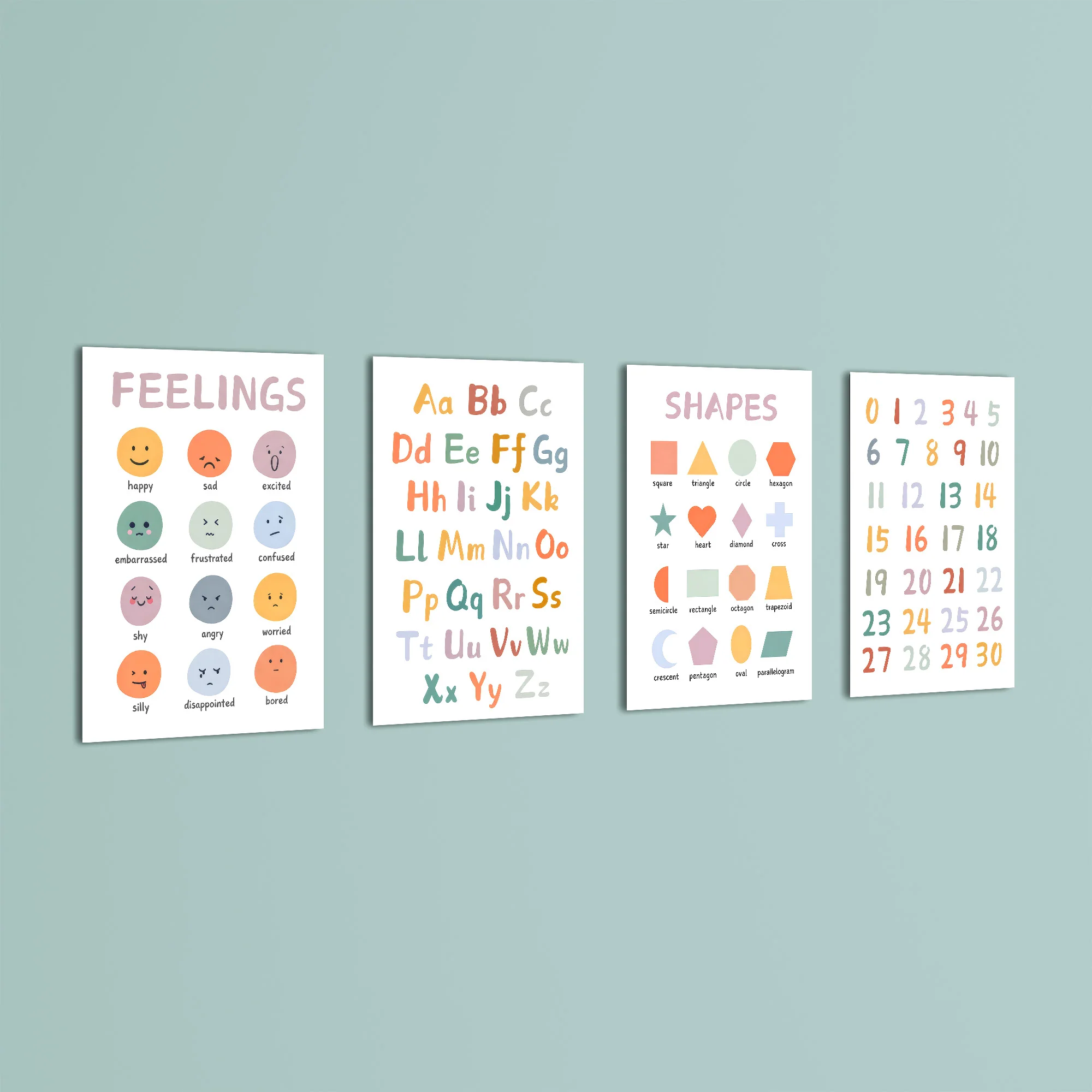 Feelings Alphabet Shapes Numbers 4 Pieces Kids Metal Wall Art