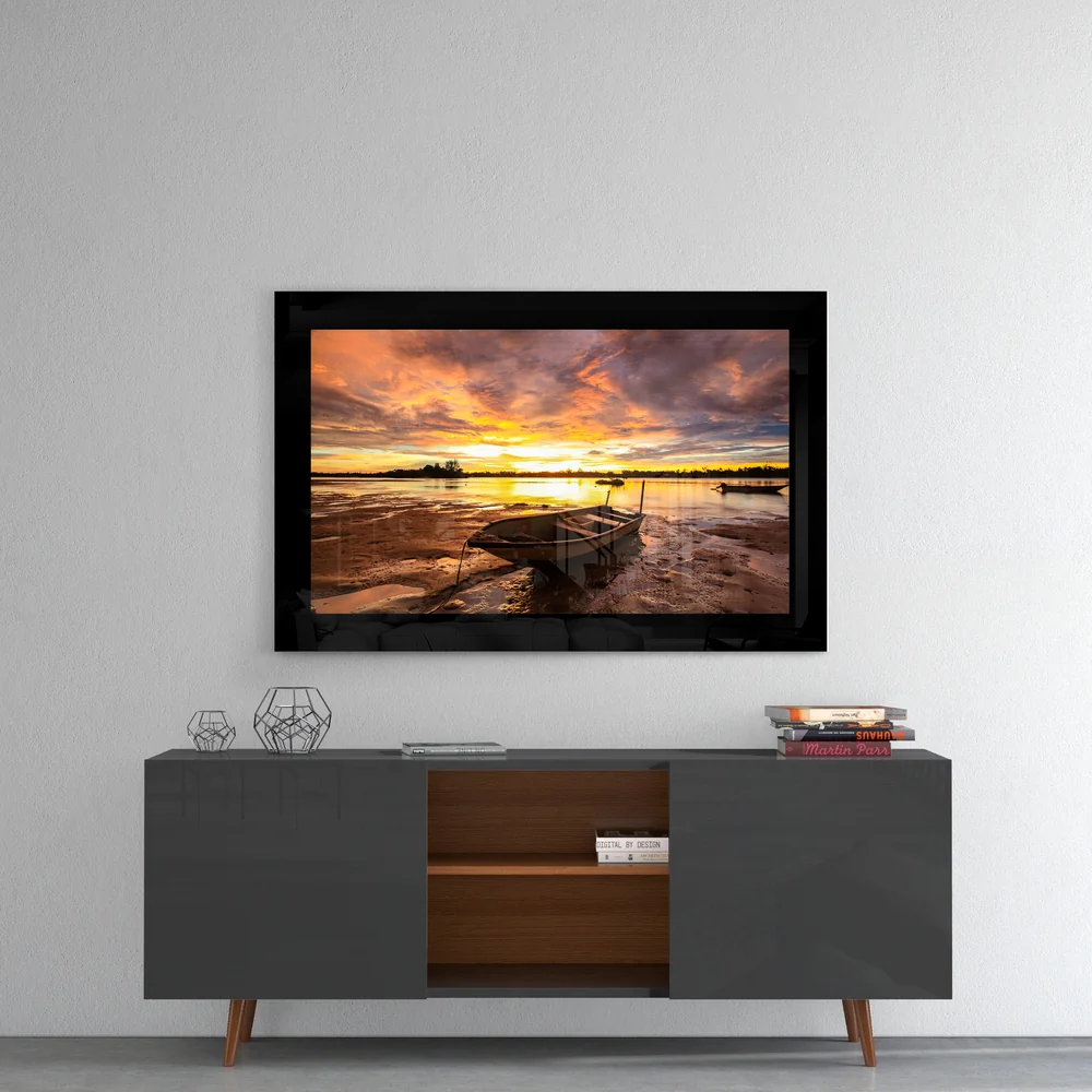 Fiery Dusk Stranded Boat Glass Wall Art - Image 4