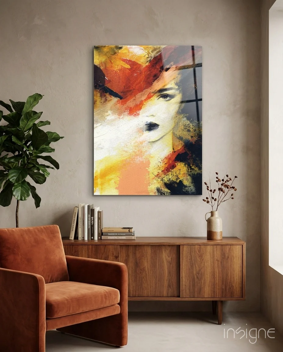 Fiery Orange Abstract Face Glass Wall Art