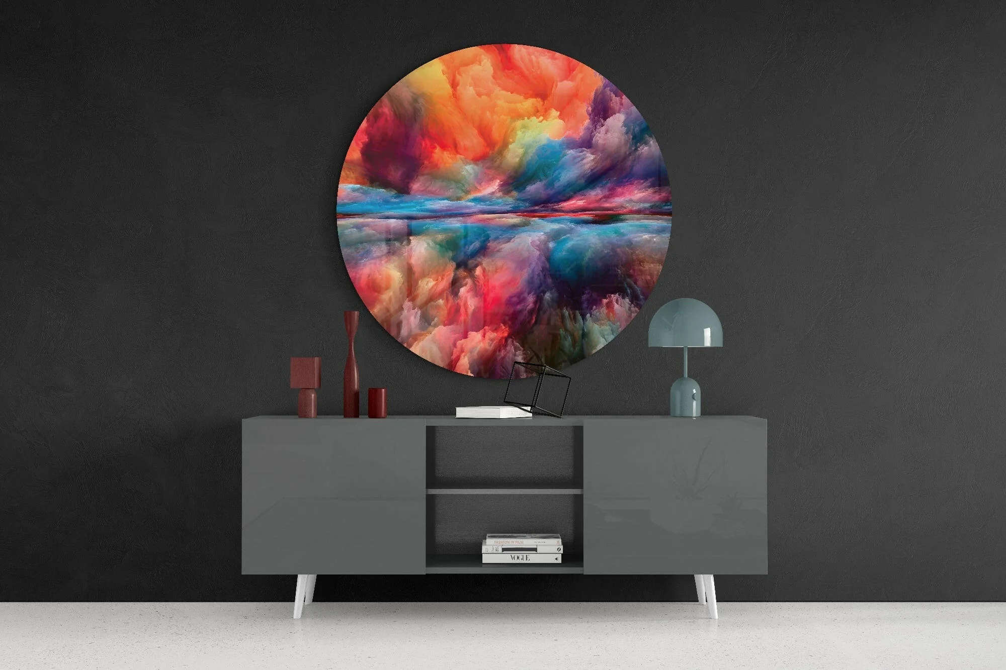 Fiery Orange Blue Cloud Round Glass Wall Art - Image 4