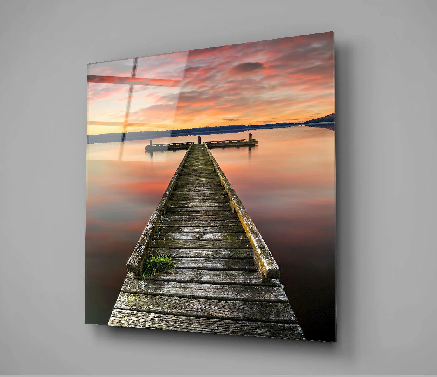 Fiery Red Sunset Weathered Dock Glass Wall Art - Image 3