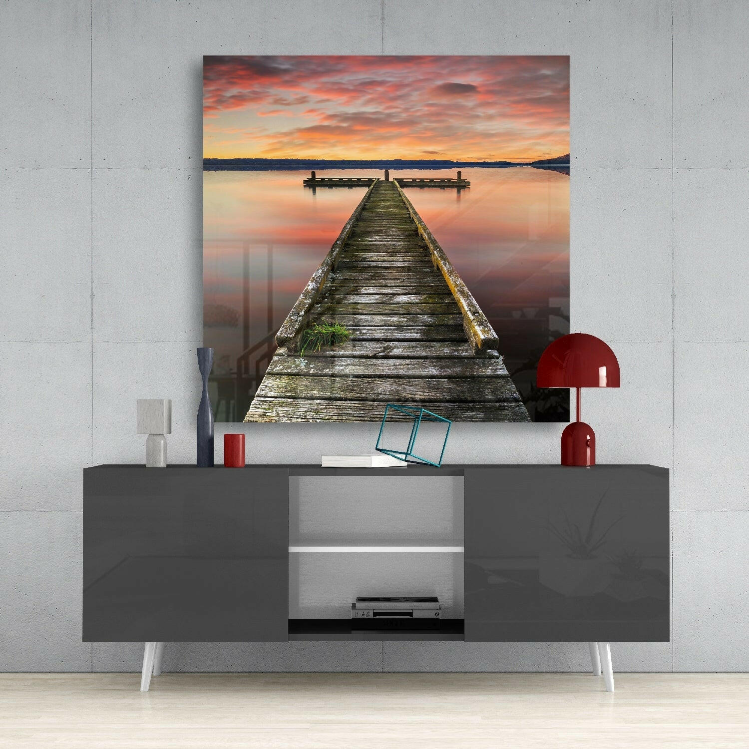 Fiery Red Sunset Weathered Dock Glass Wall Art - Image 4