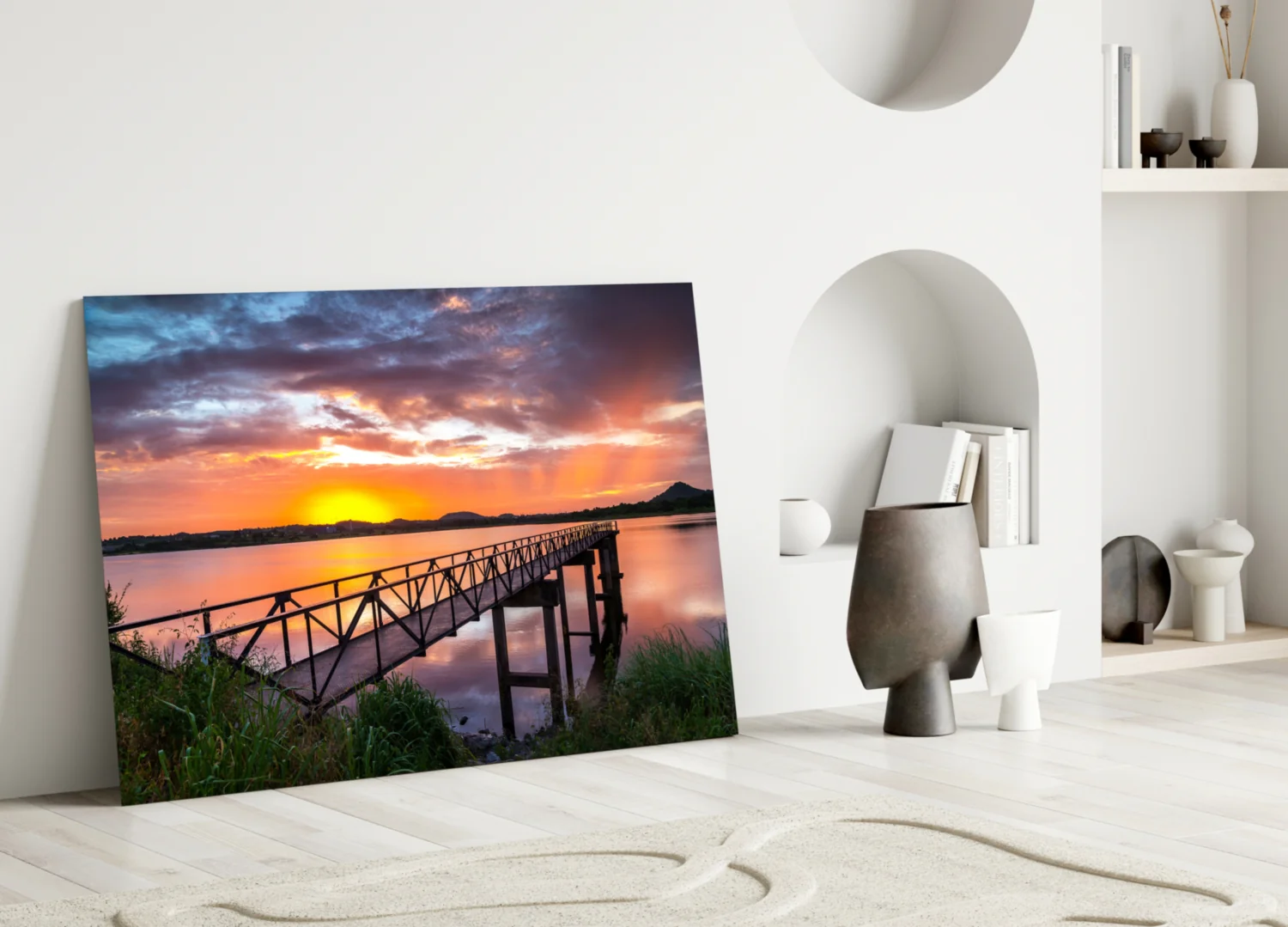 Fiery Sunset Lake Bridge Glass Wall Art - Image 3