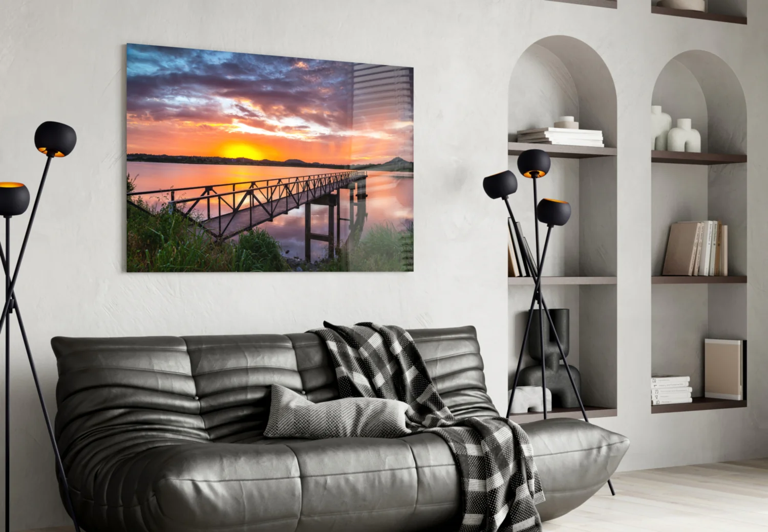 Fiery Sunset Lake Bridge Glass Wall Art - Image 4