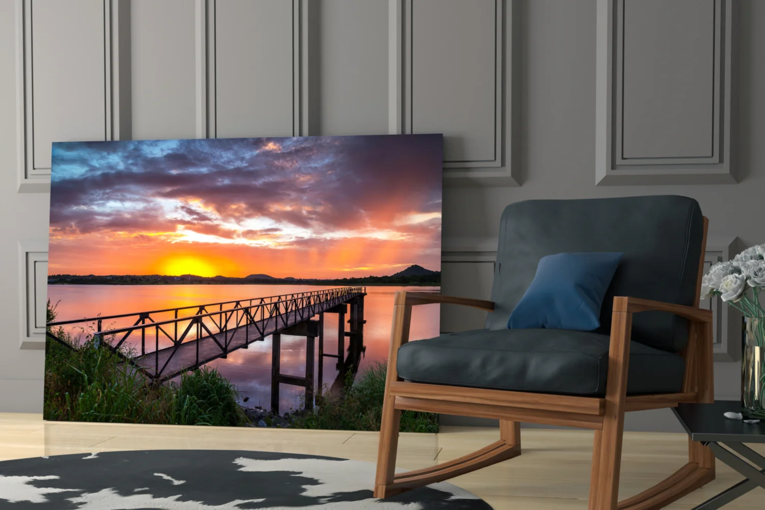 Fiery Sunset Lake Bridge Glass Wall Art - Image 6