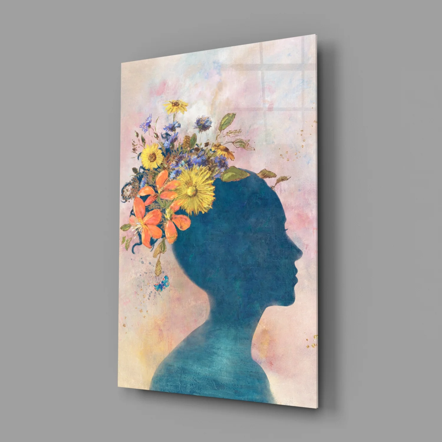 Floral Head Blue Silhouette Glass Wall Art - Image 2