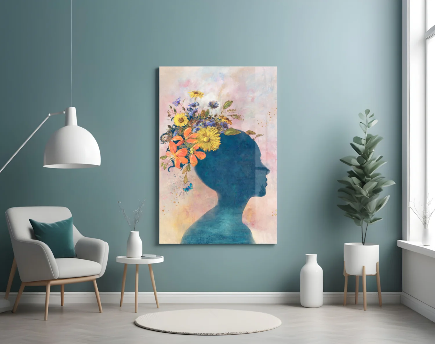 Floral Head Blue Silhouette Glass Wall Art - Image 4