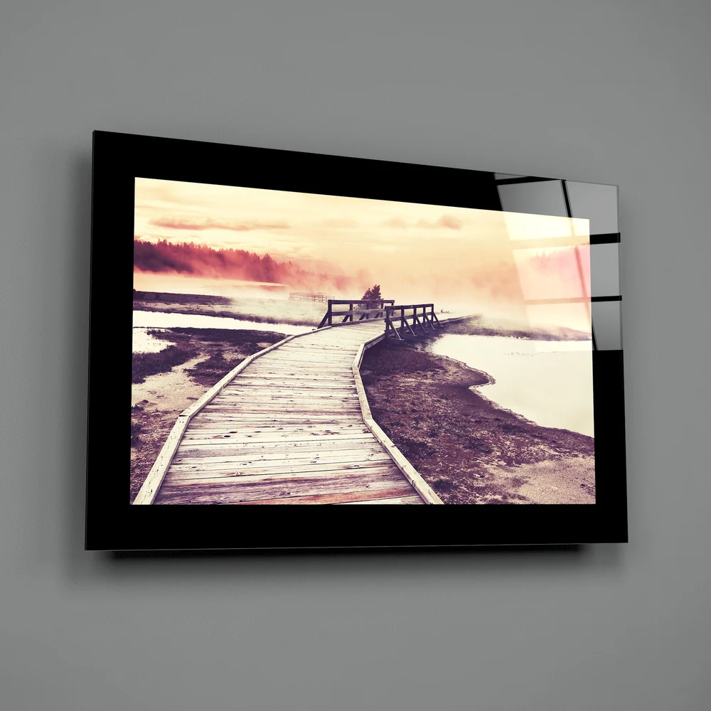 Foggy Marsh Boardwalk Sunrise Glass Wall Art - Image 2