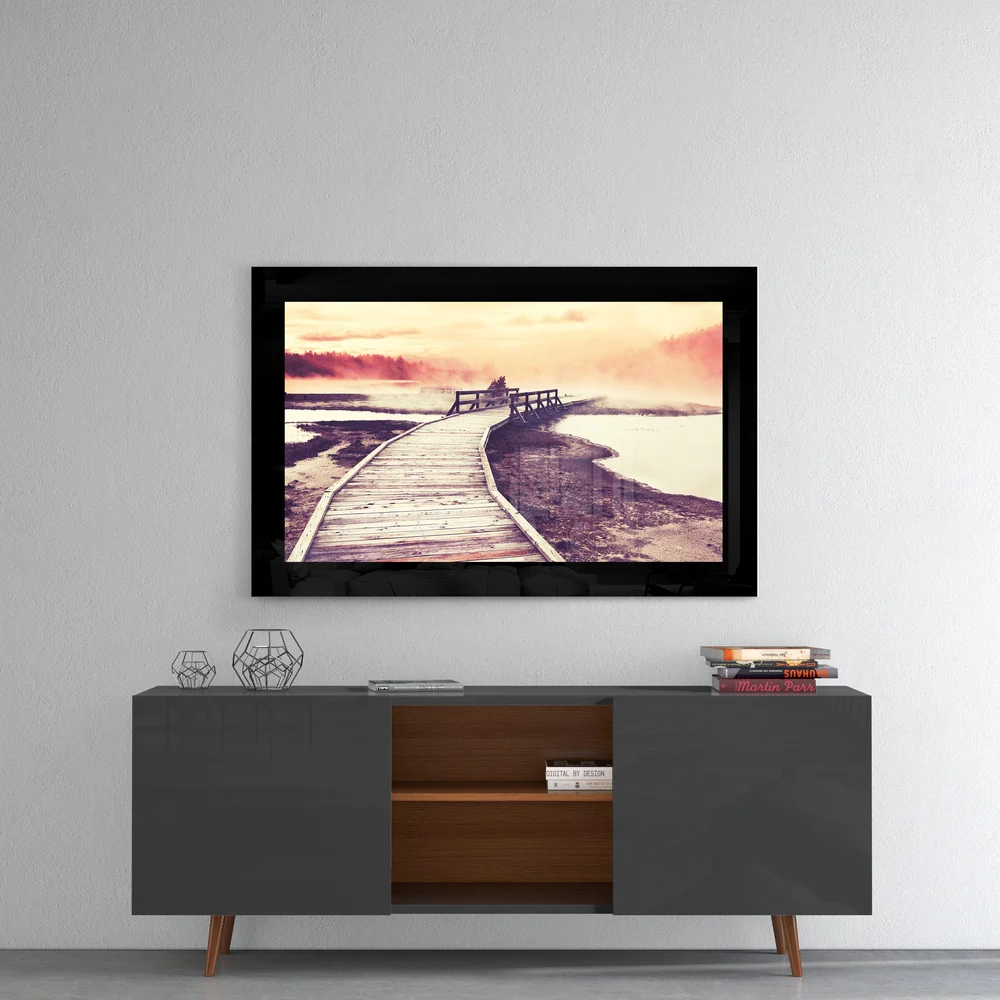 Foggy Marsh Boardwalk Sunrise Glass Wall Art - Image 4