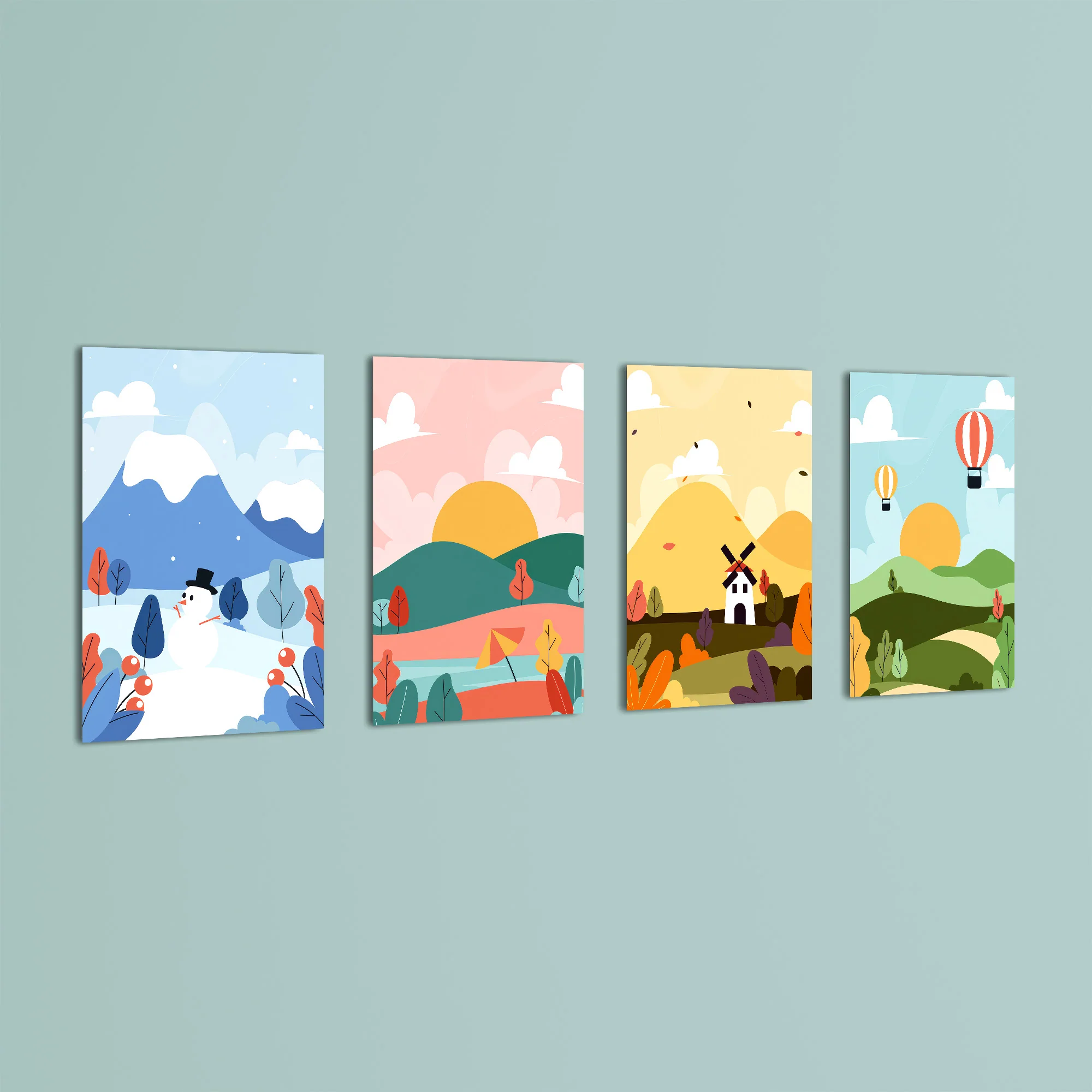 Four Seasons Storybook Landscape 4 Pieces Kids Metal Wall Art