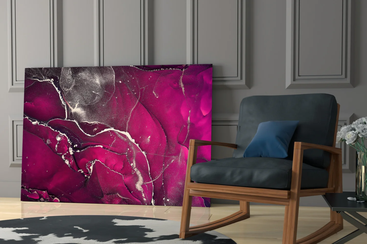 Fuchsia Silver Marble Ink Glass Wall Art - Image 7
