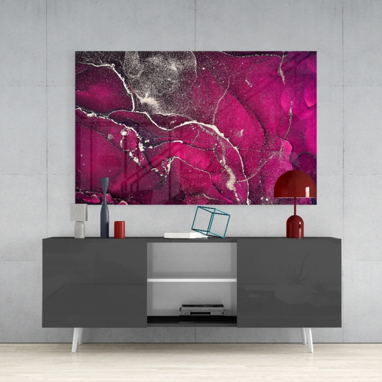 Fuchsia Silver Marble Ink Glass Wall Art - Image 9
