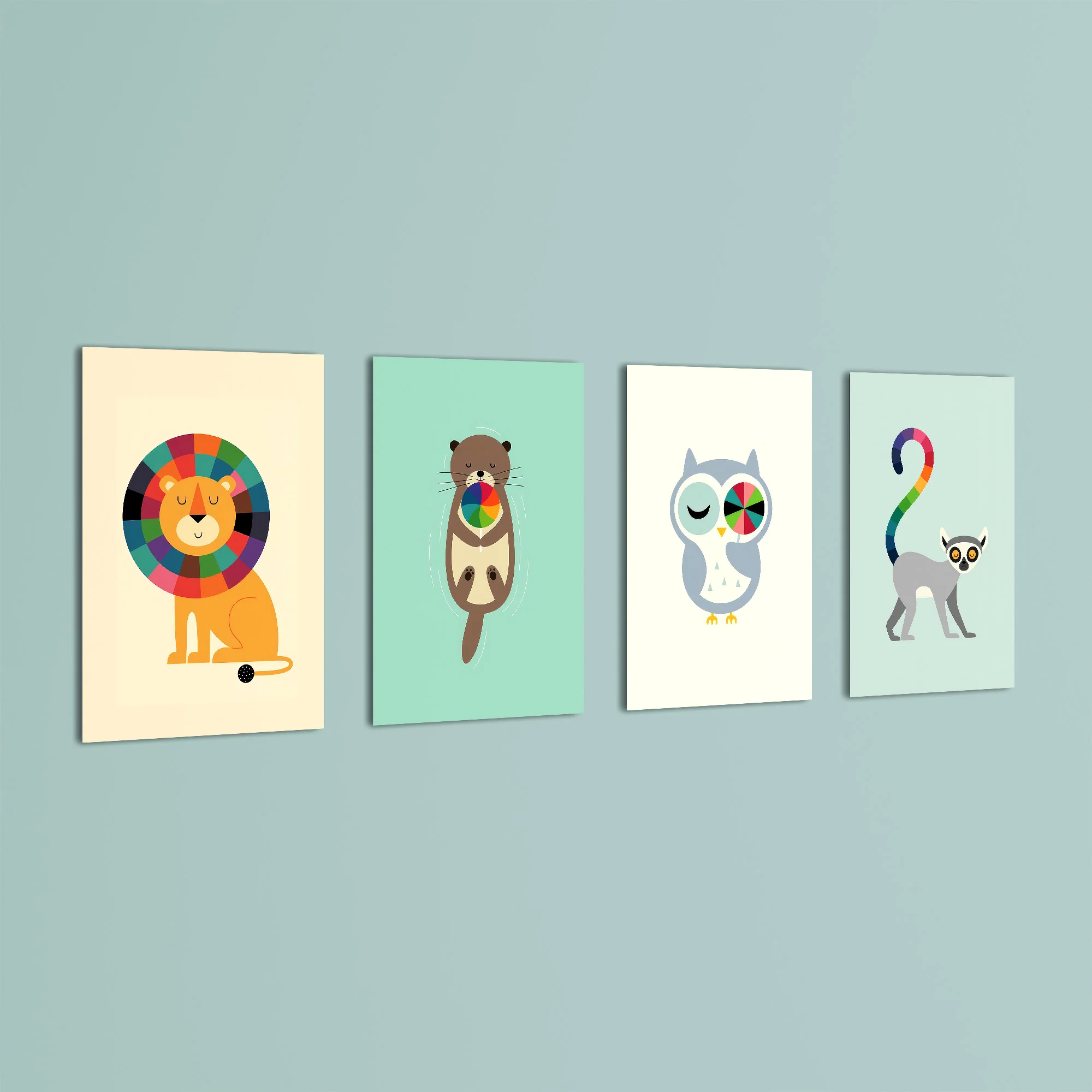 Geometric Rainbow Animals 4 Pieces Kids Metal Wall Art