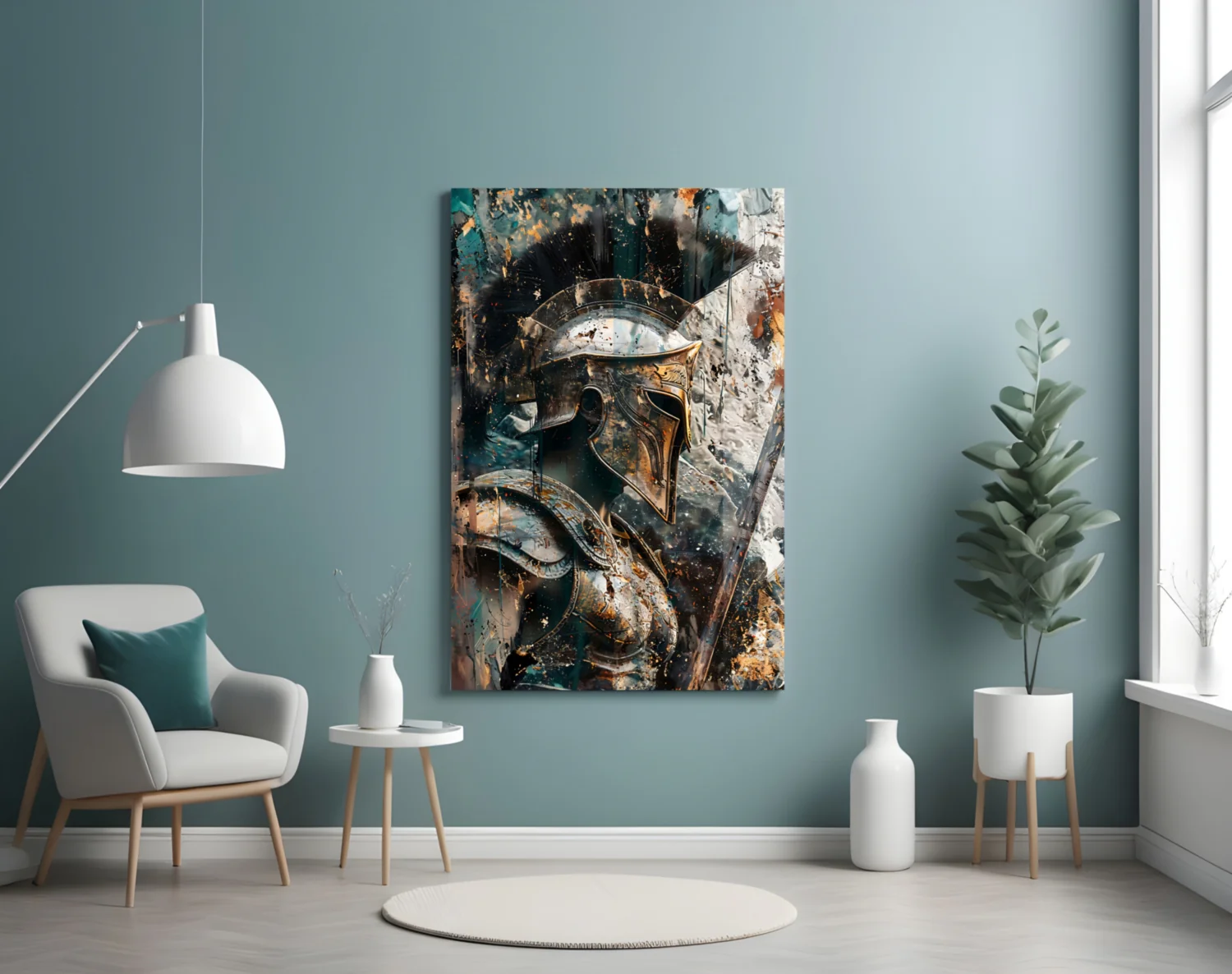 Teal Gold Spartan Helmet Glass Wall Art - Image 5