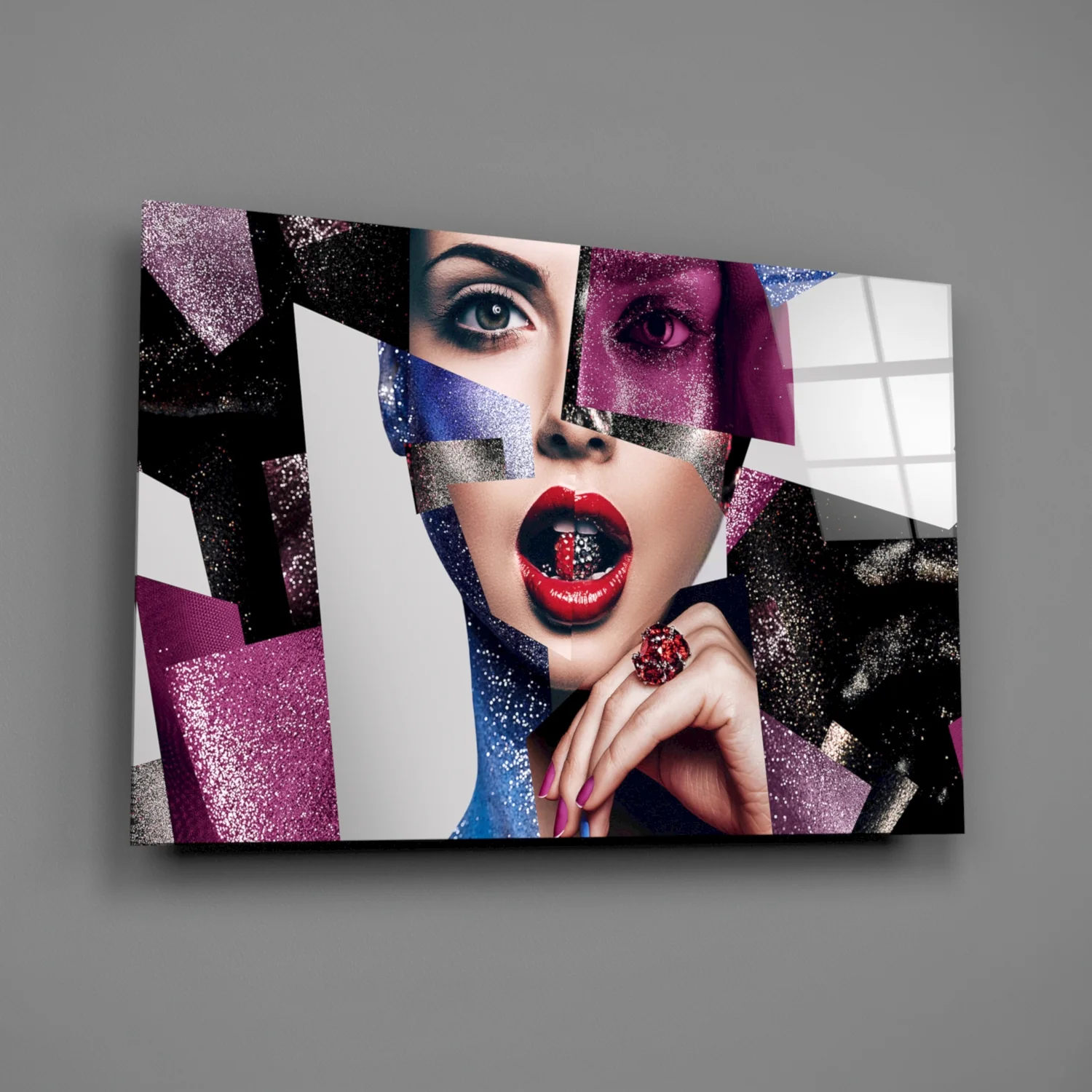 Glitter Collage Red Lips Glass Wall Art - Image 2