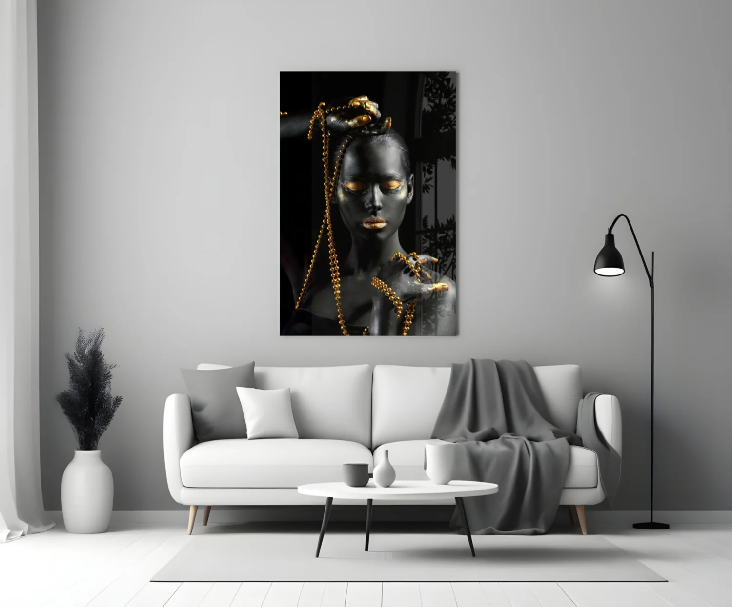Gold Bead Chain Woman Glass Wall Art - Image 3