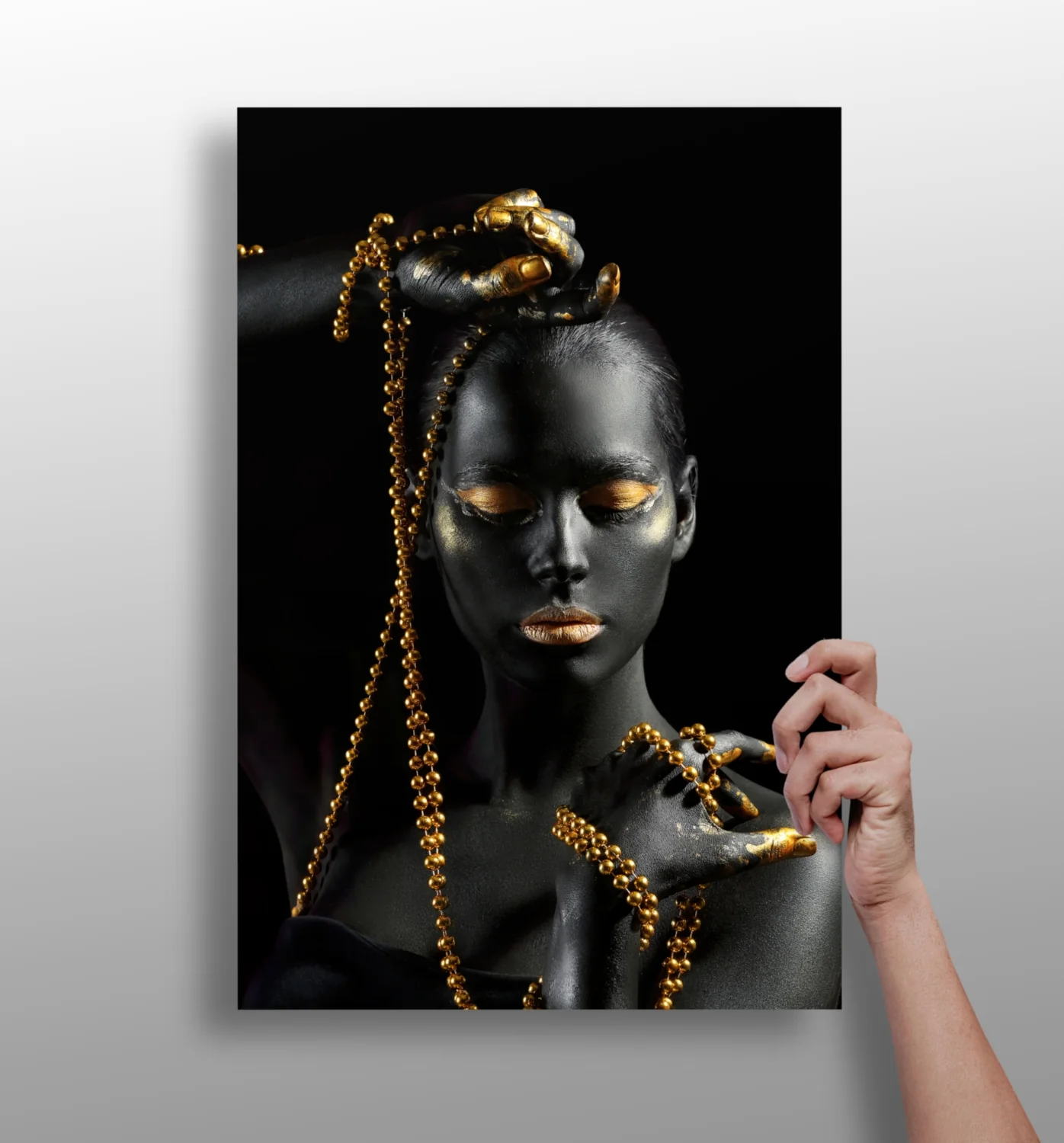 Gold Bead Strands Woman Aluminum Print