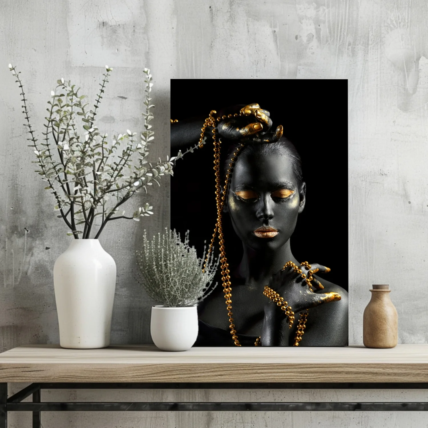 Gold Bead Strands Woman Aluminum Print - Image 2