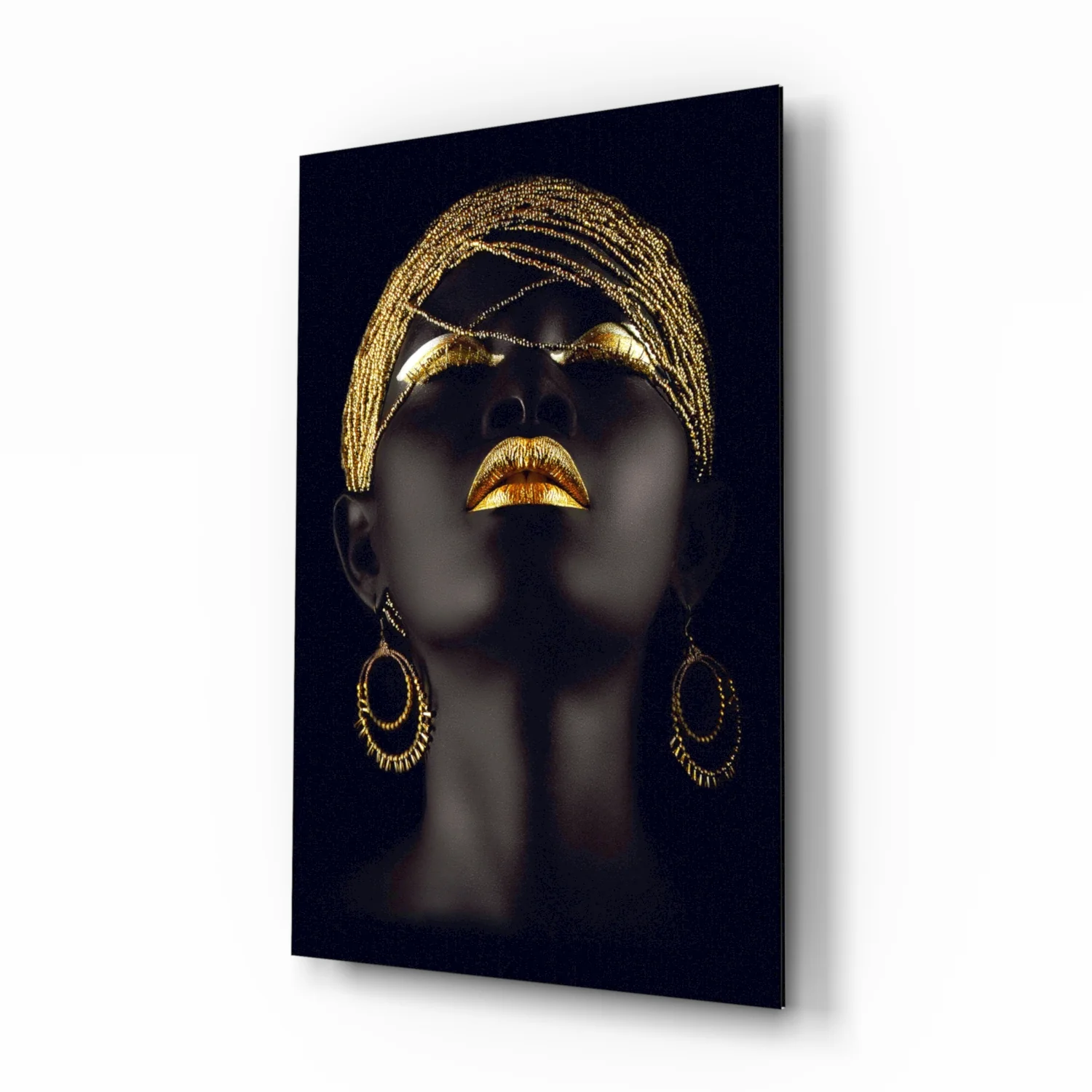 Gold Beaded Headdress Woman Glass Wall Art