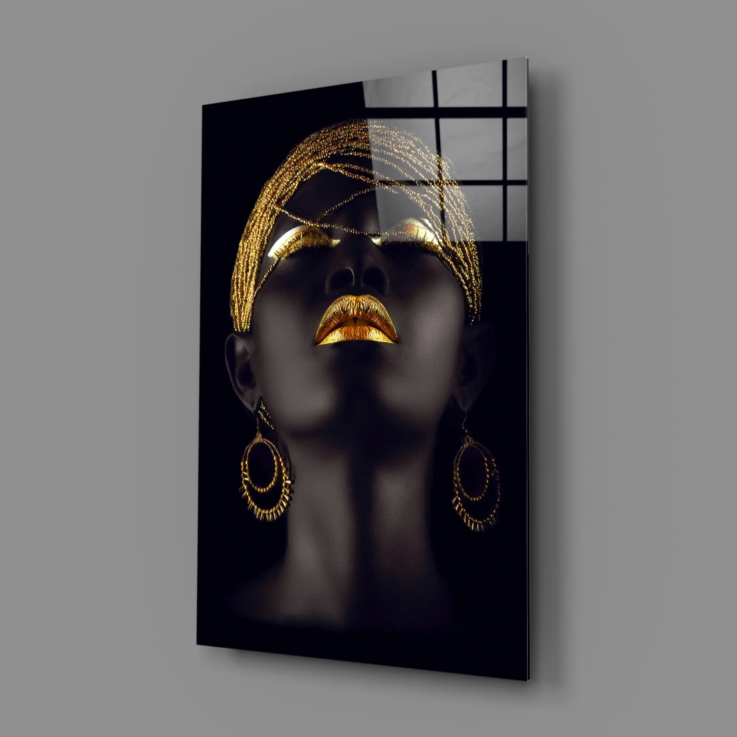 Gold Beaded Headdress Woman Glass Wall Art - Image 2