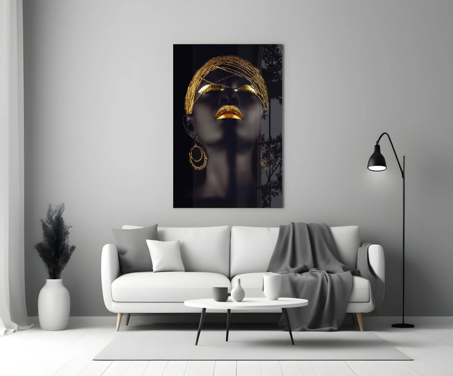 Gold Beaded Headdress Woman Glass Wall Art - Image 3
