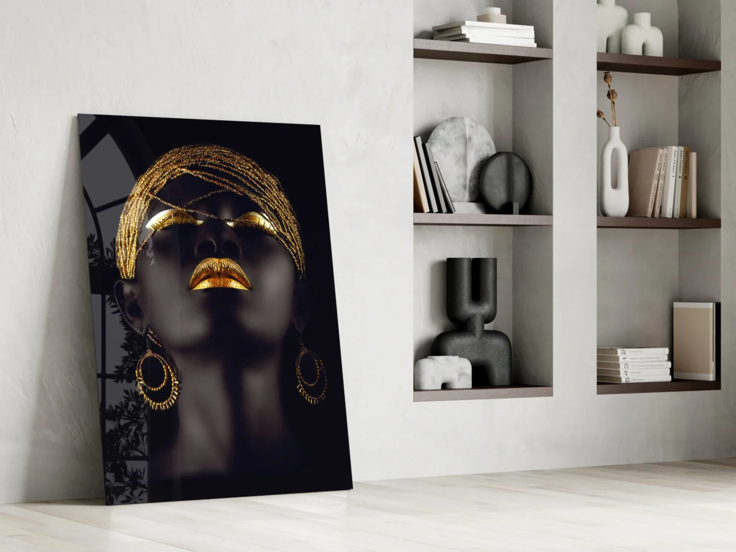 Gold Beaded Headdress Woman Glass Wall Art - Image 6