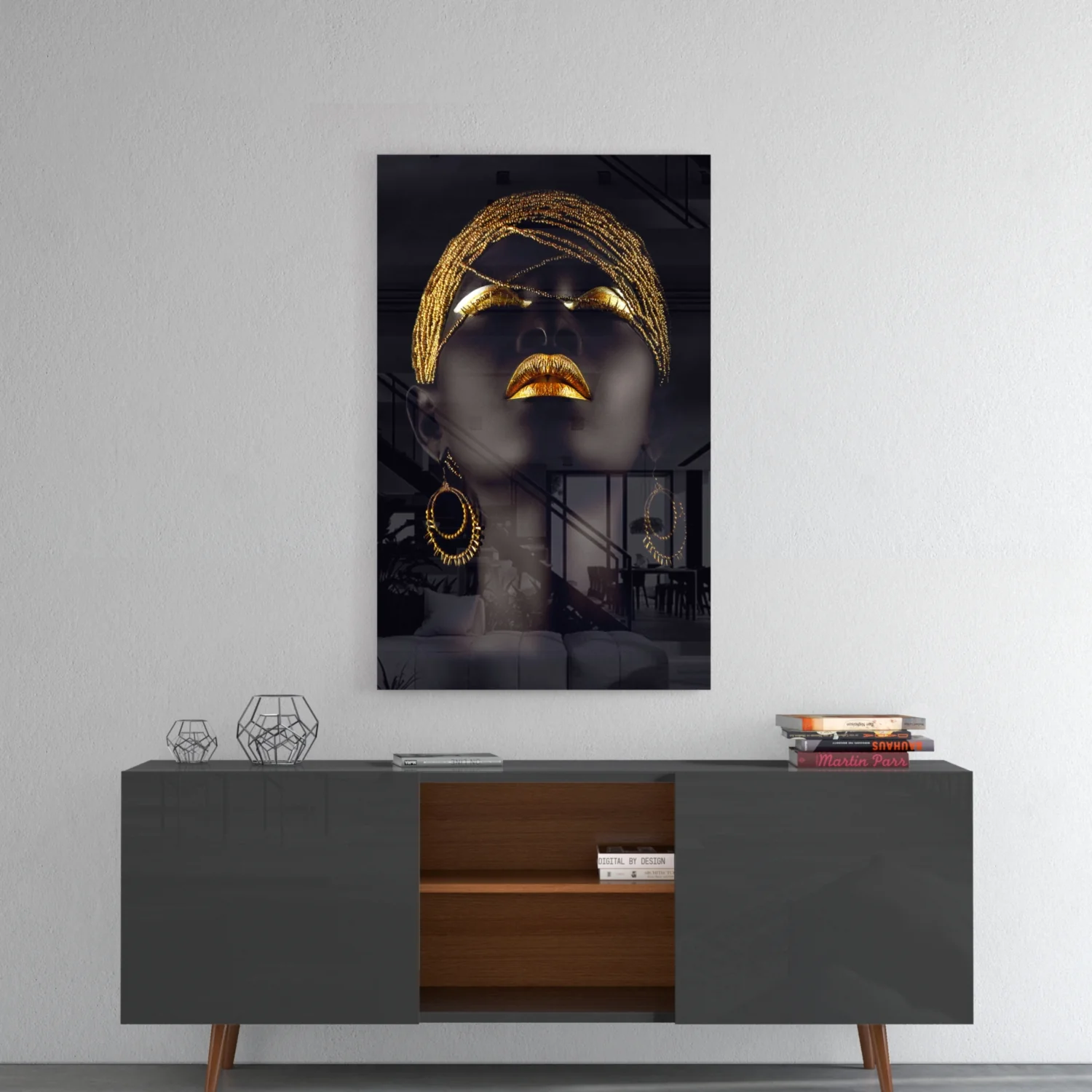 Gold Beaded Headdress Woman Glass Wall Art - Image 8