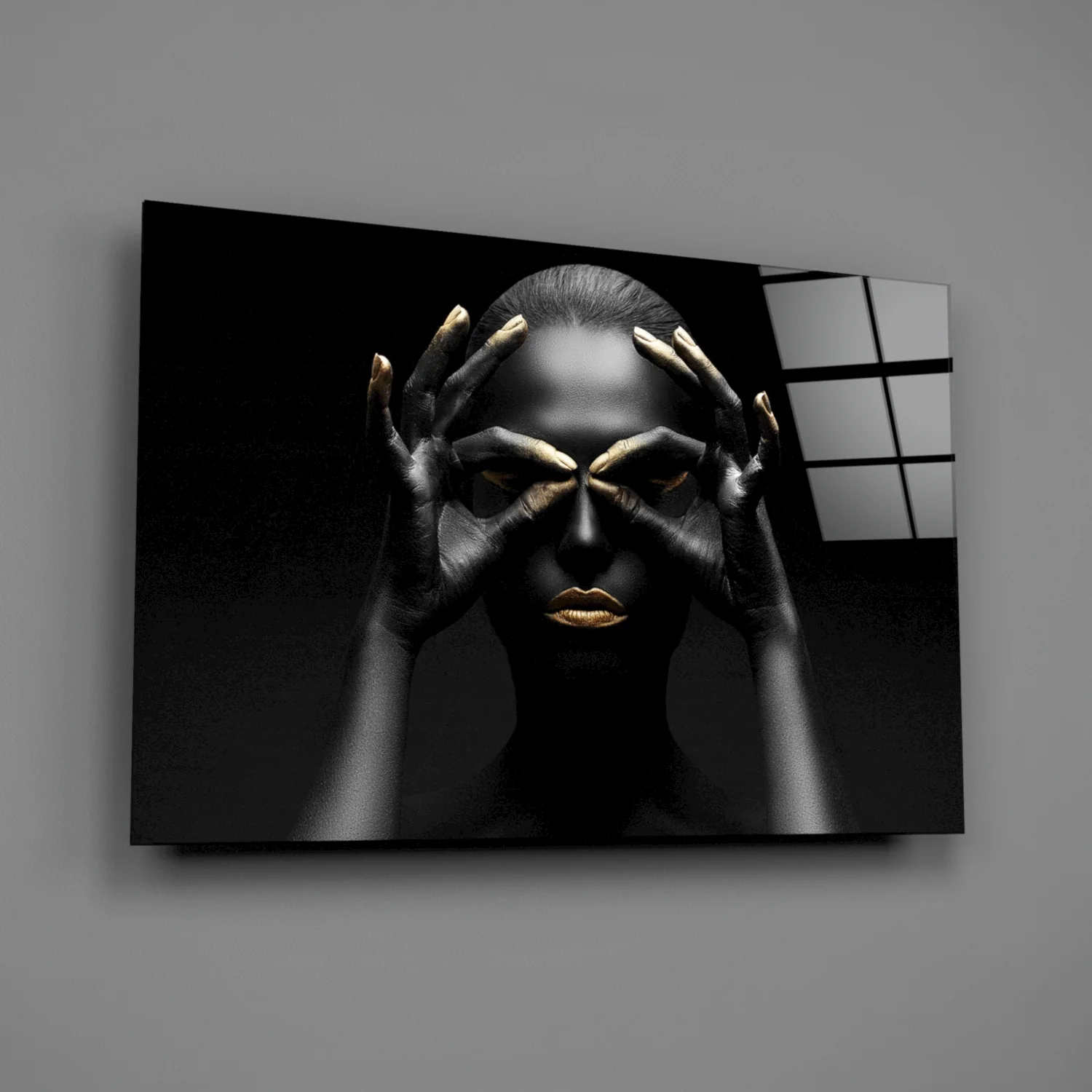 Gold Fingertips Over Eyes Woman Glass Wall Art - Image 2