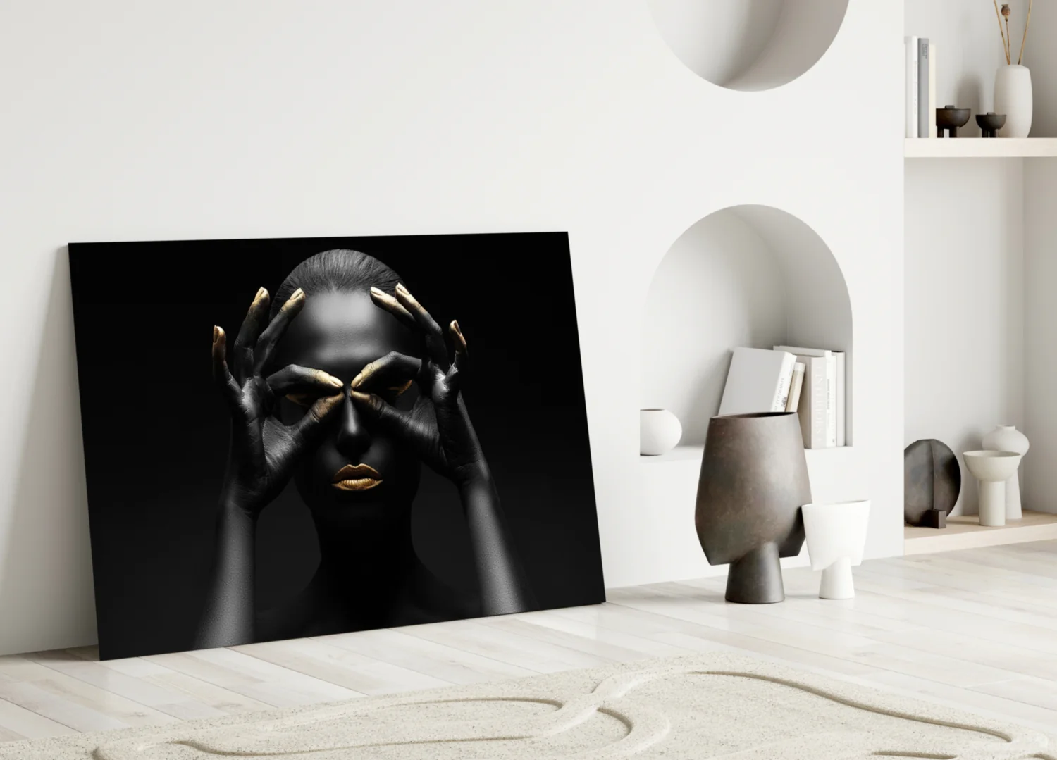 Gold Fingertips Over Eyes Woman Glass Wall Art - Image 3