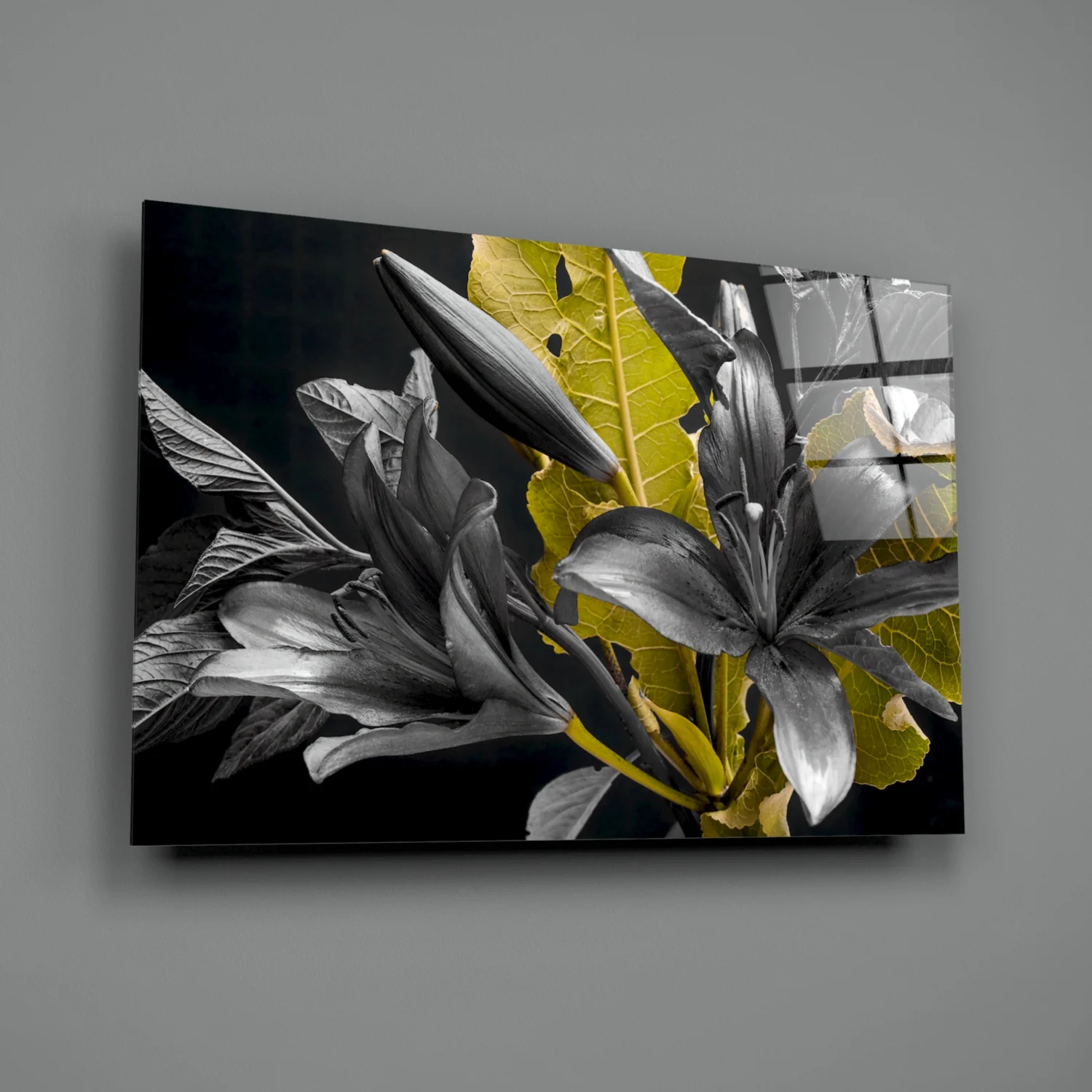 Gold Leaf Lilies on Black Glass Wall Art - Image 2