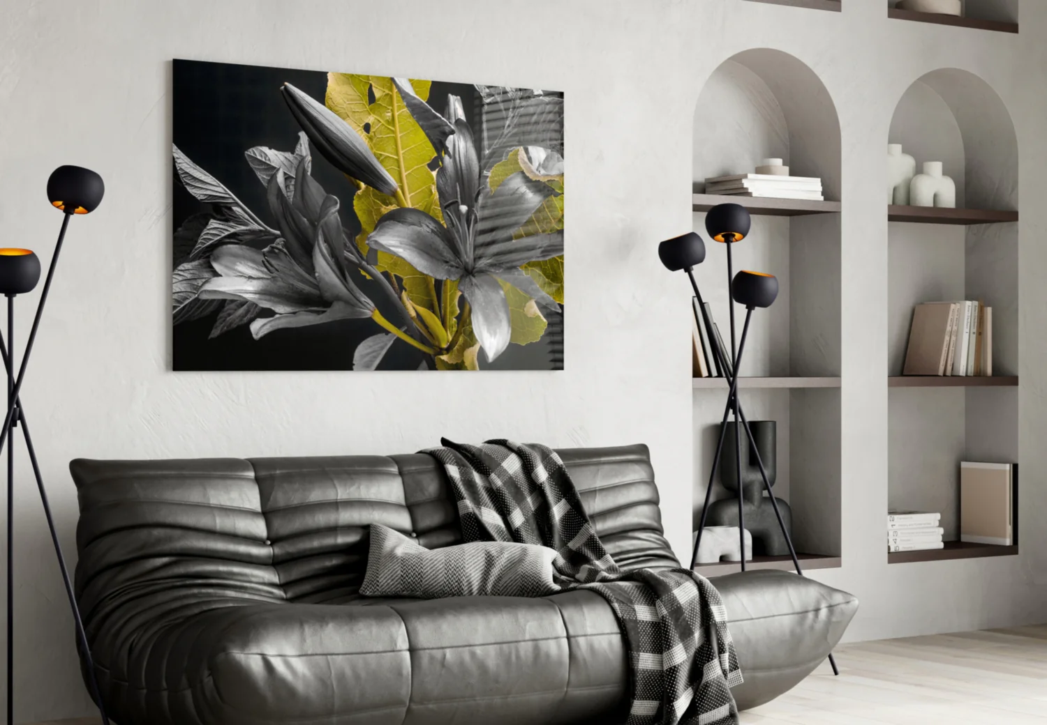 Gold Leaf Lilies on Black Glass Wall Art - Image 4