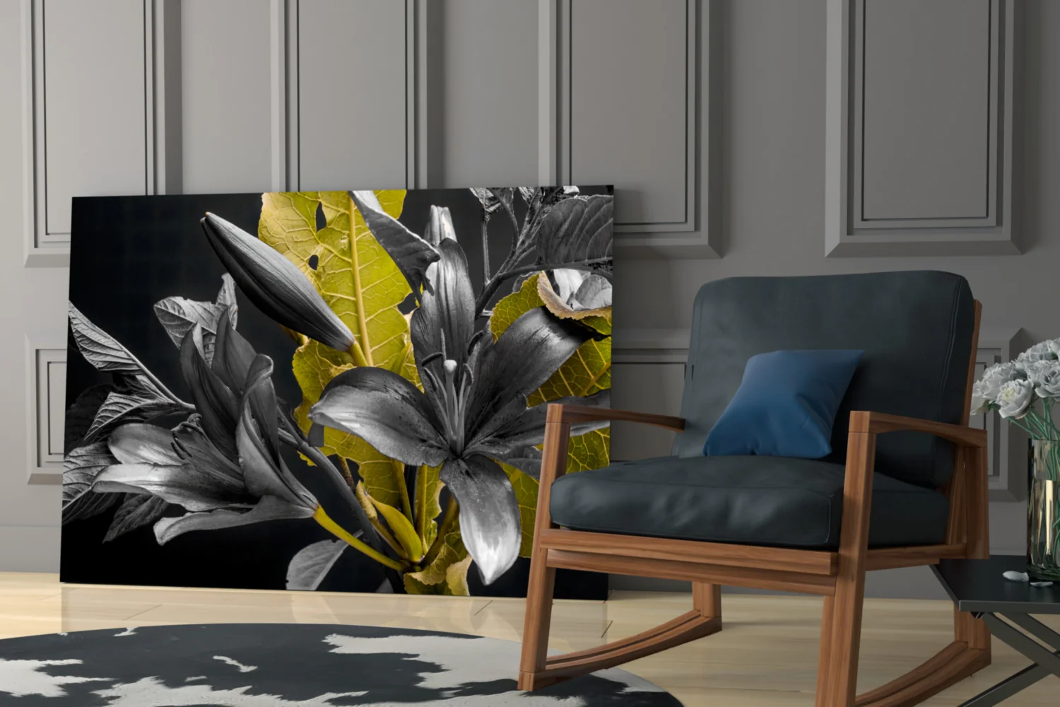 Gold Leaf Lilies on Black Glass Wall Art - Image 6