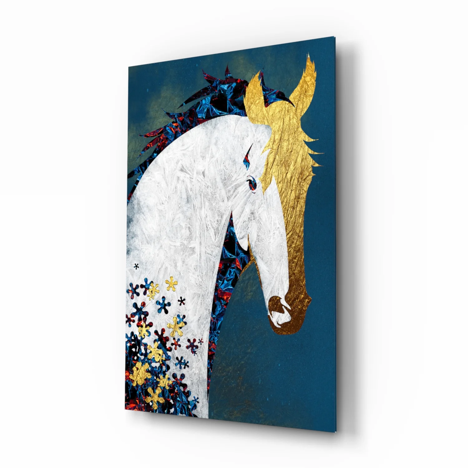 Gold Mane Horse Blue Blooms Glass Wall Art - Image 2
