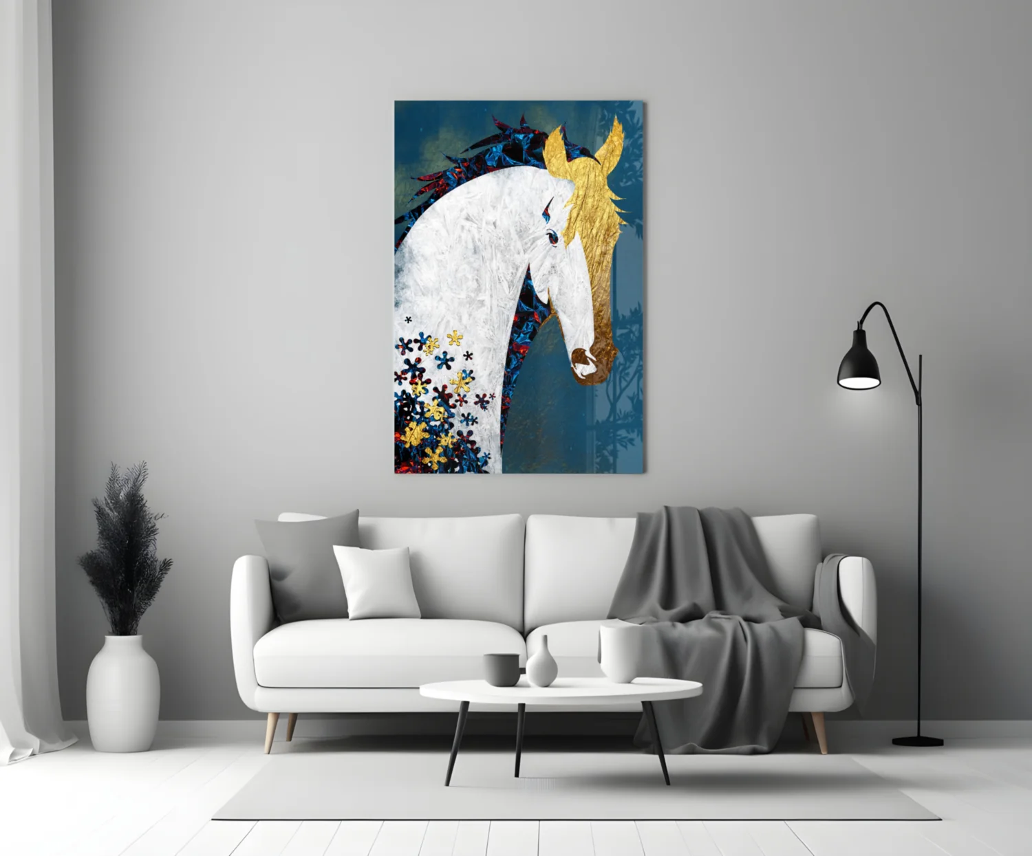 Gold Mane Horse Blue Blooms Glass Wall Art - Image 4