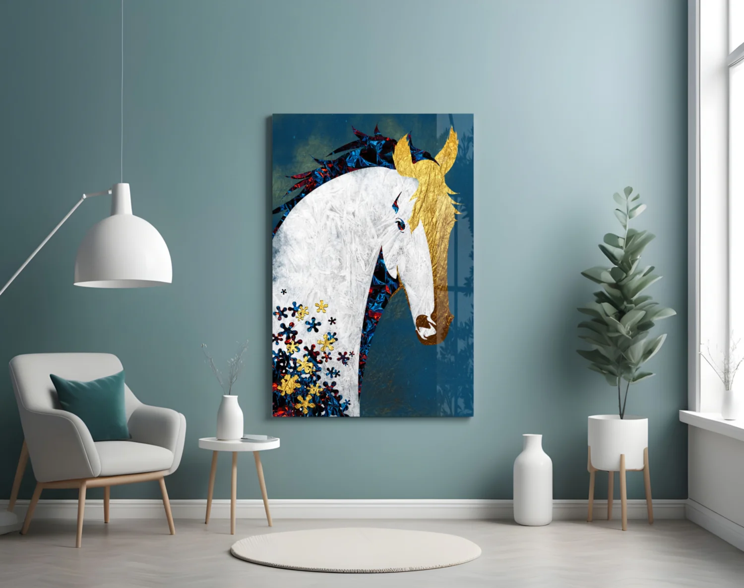 Gold Mane Horse Blue Blooms Glass Wall Art - Image 5