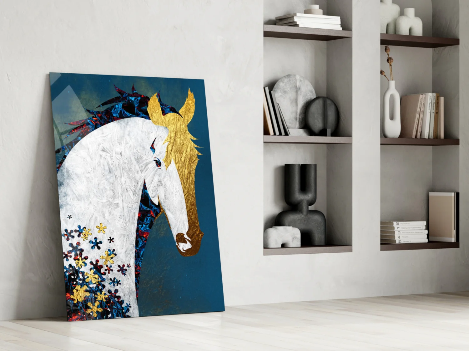 Gold Mane Horse Blue Blooms Glass Wall Art - Image 7