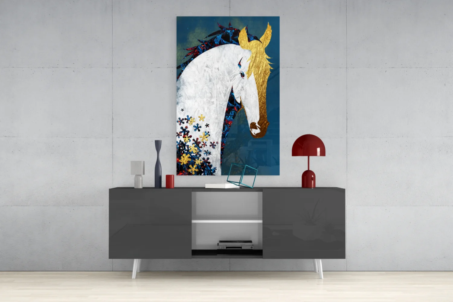 Gold Mane Horse Blue Blooms Glass Wall Art - Image 9