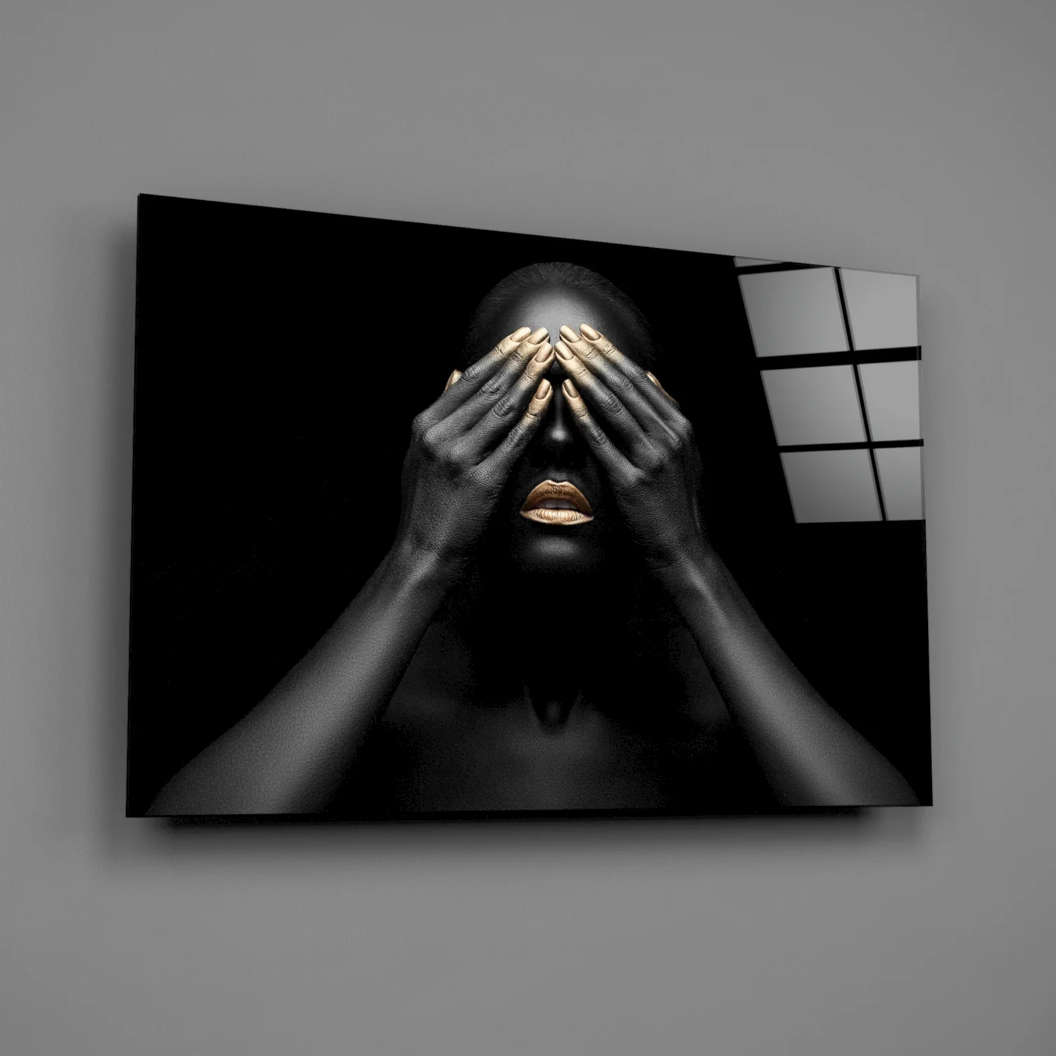 Gold Nails Covered Eyes Woman Glass Wall Art - Image 2