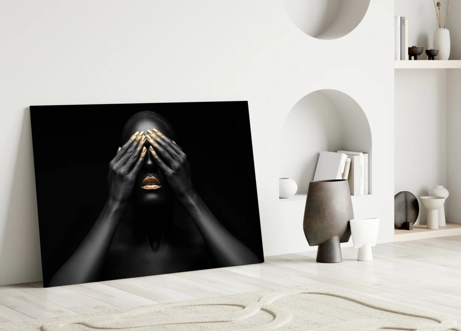 Gold Nails Covered Eyes Woman Glass Wall Art - Image 3
