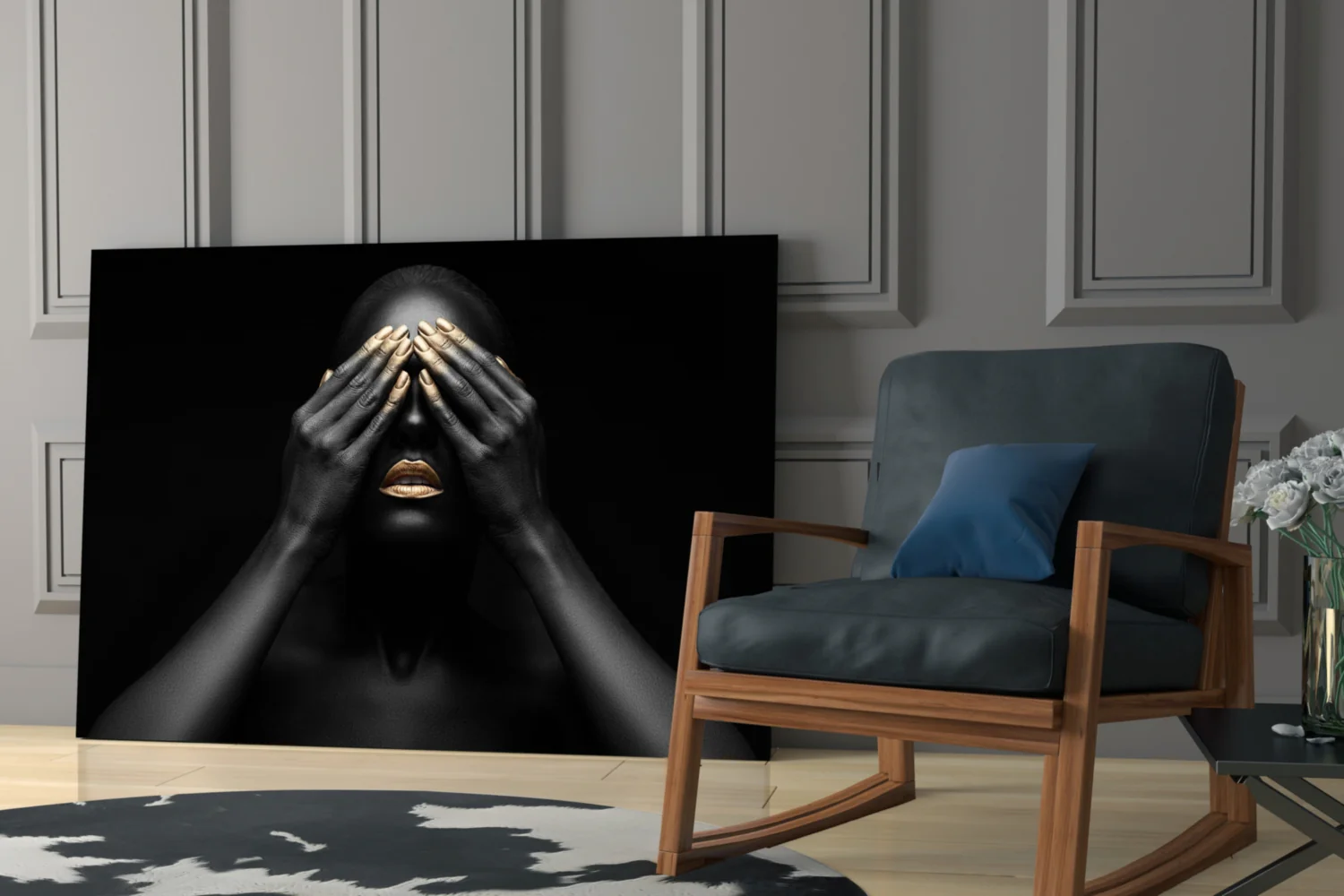 Gold Nails Covered Eyes Woman Glass Wall Art - Image 6