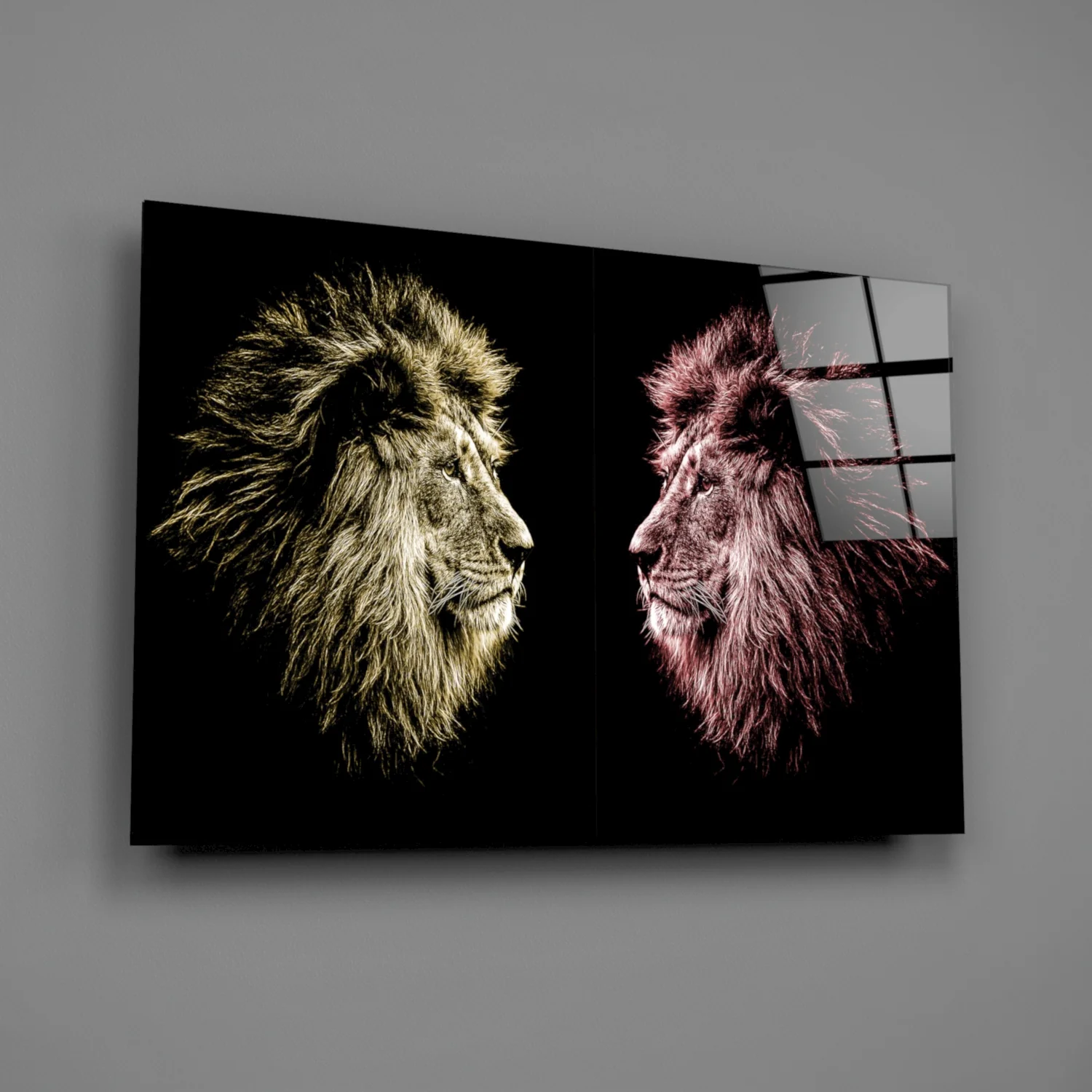 Gold Pink Facing Lions Glass Wall Art - Image 2