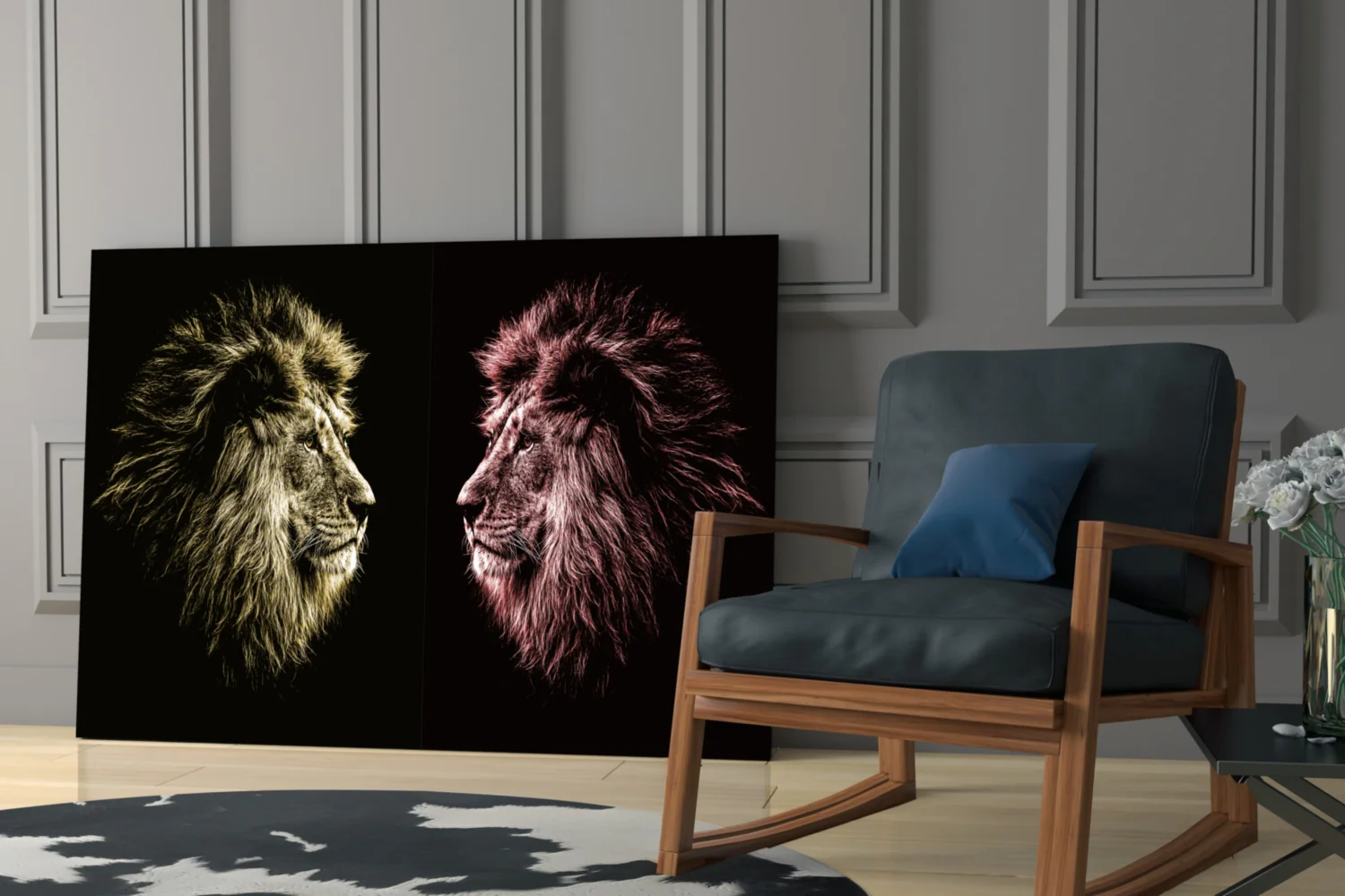 Gold Pink Facing Lions Glass Wall Art - Image 6
